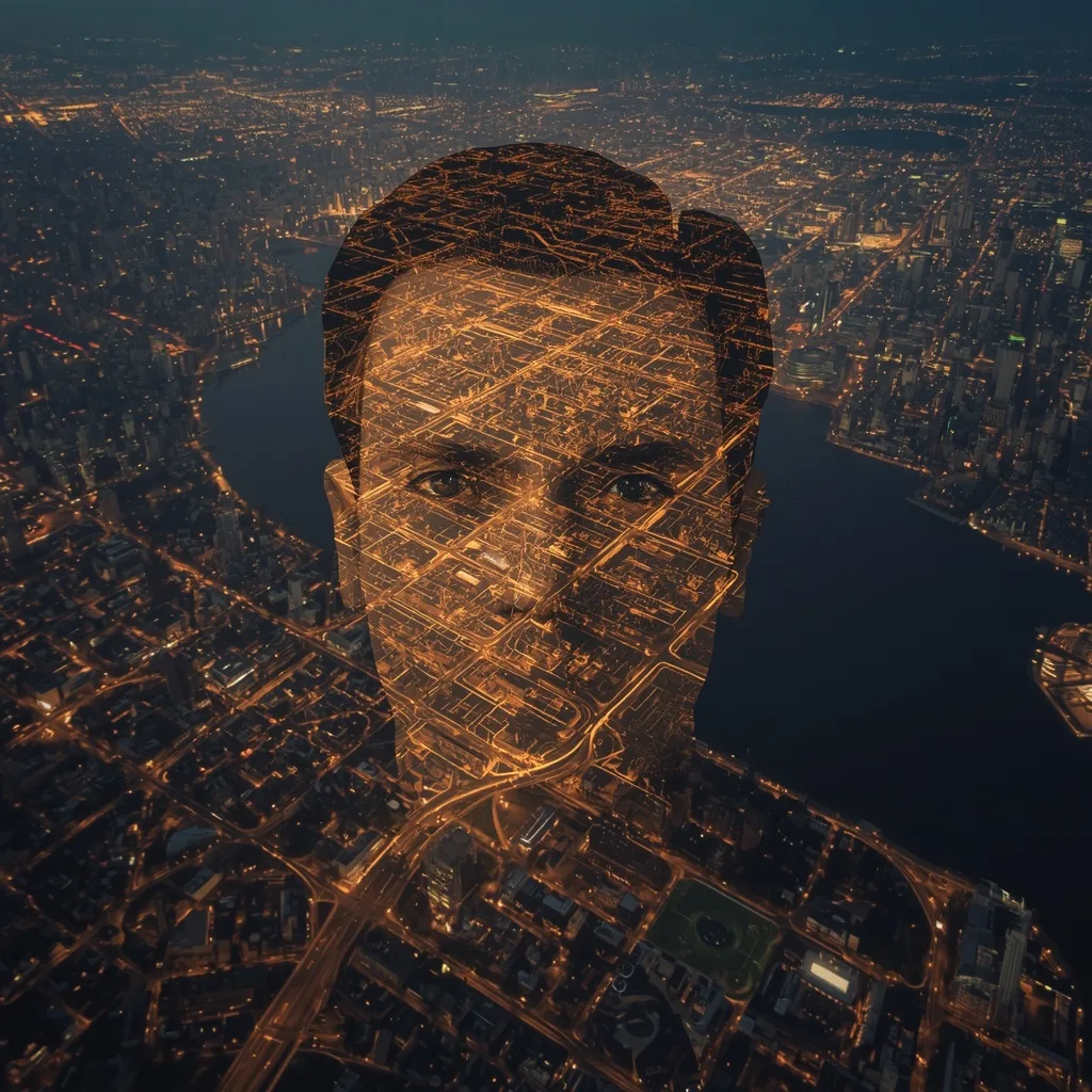 Aerial Night Cityscape Portrait of a Glowing Face – AI prompt example