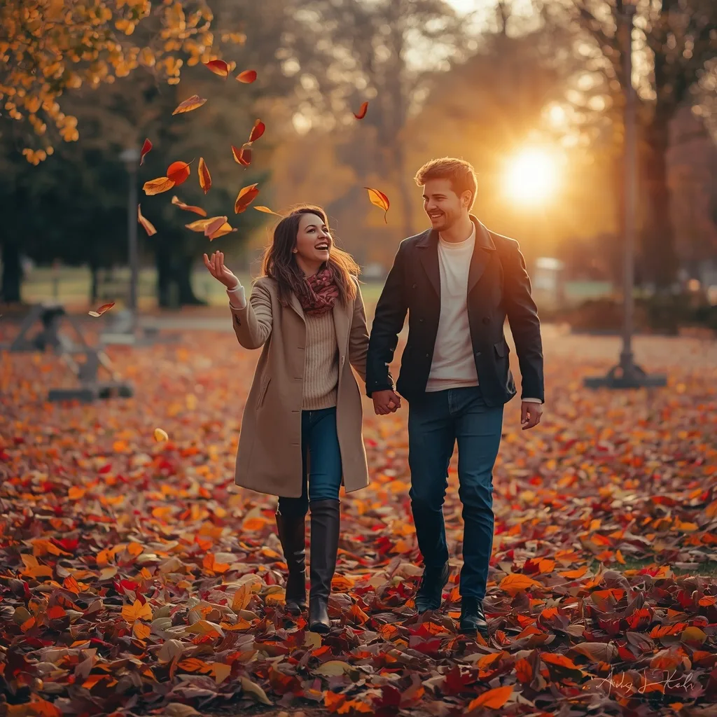Autumn Park Stroll: Playful Couple Amidst Colorful Leaves – AI prompt example