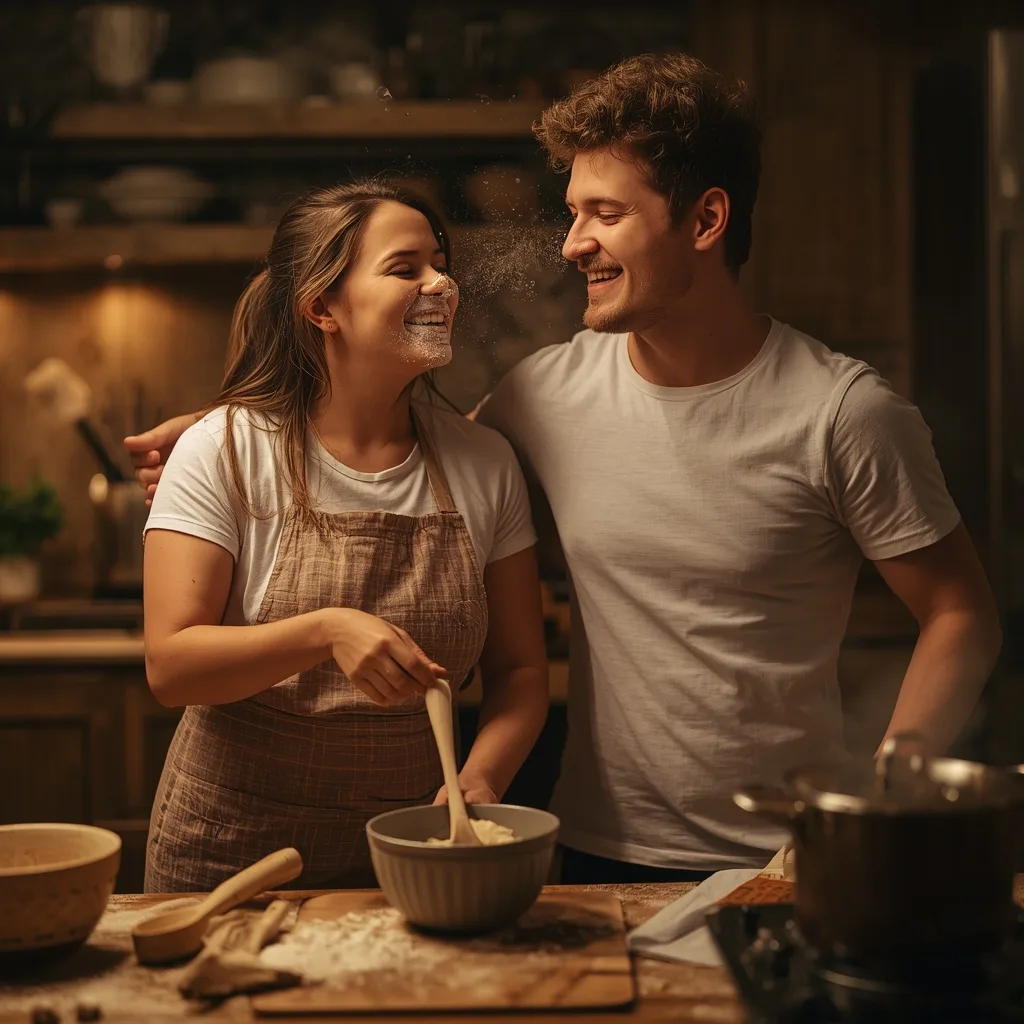 Cooking Together: Playful Messy Moments in a Warm Kitchen – AI prompt example