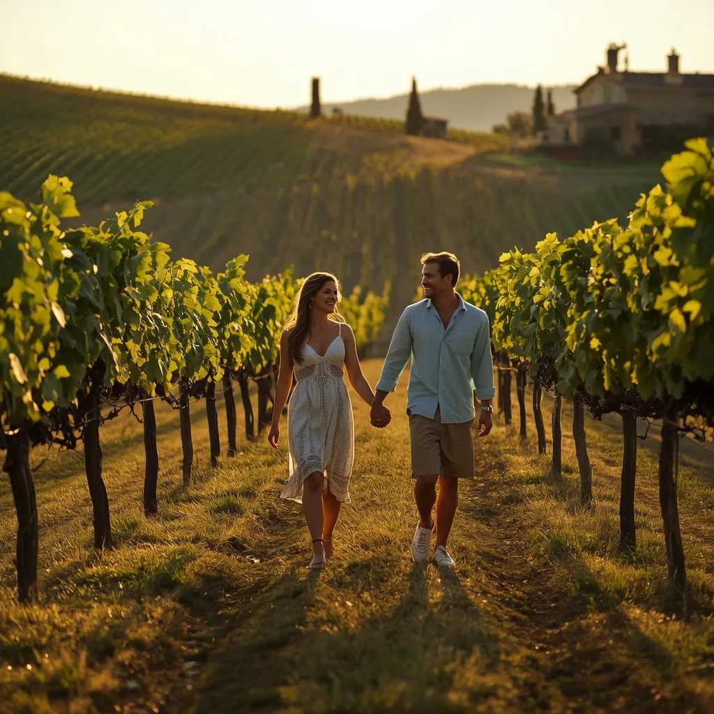 Couple's Joyful Stroll Through a Tuscan Vineyard – AI prompt example