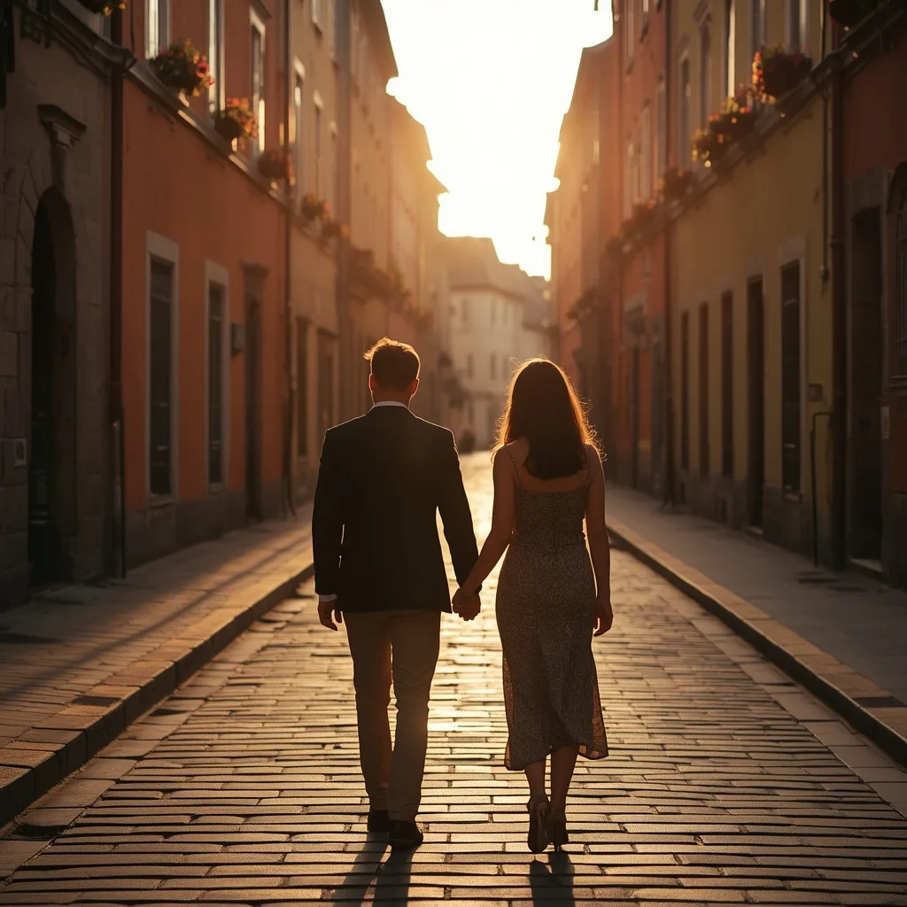 Couple's Romantic Stroll Through a European Old Town – AI prompt example