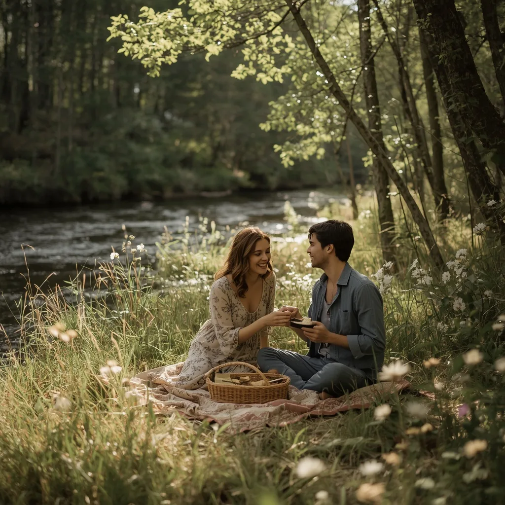 Couple's Rustic Picnic by a Babbling Brook – AI prompt example