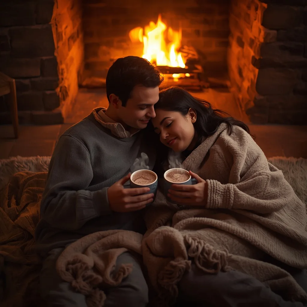 Cozy Winter Fireplace: Intimate Warmth with Hot Cocoa – AI prompt example