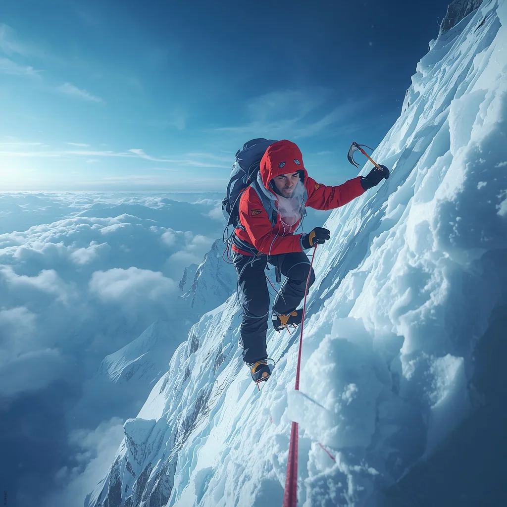 Determined Male Climber Scaling a Perilous Icy Mountain – AI prompt example