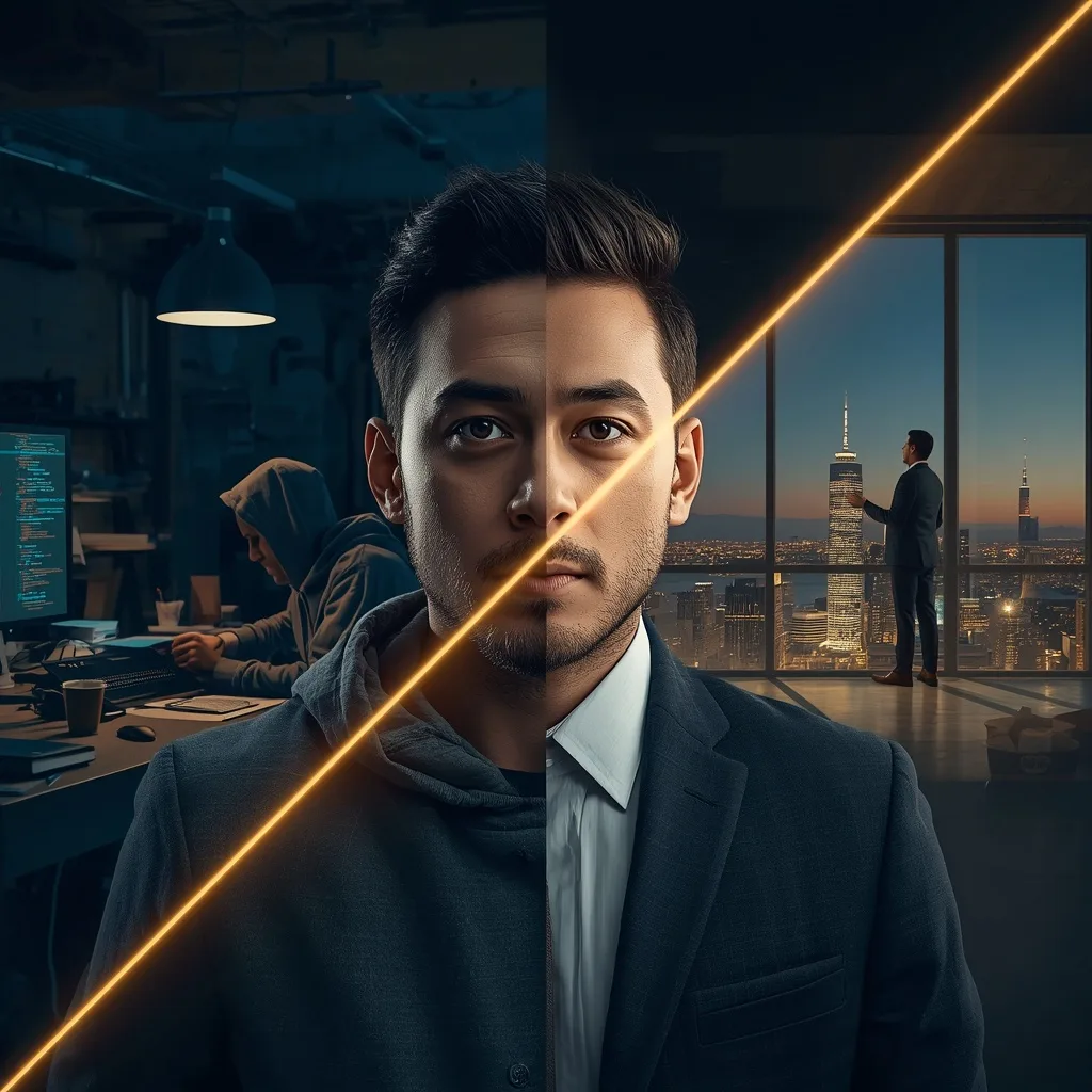 Dynamic Split-Screen Entrepreneurial Journey: Man's Growth Narrative – AI prompt example