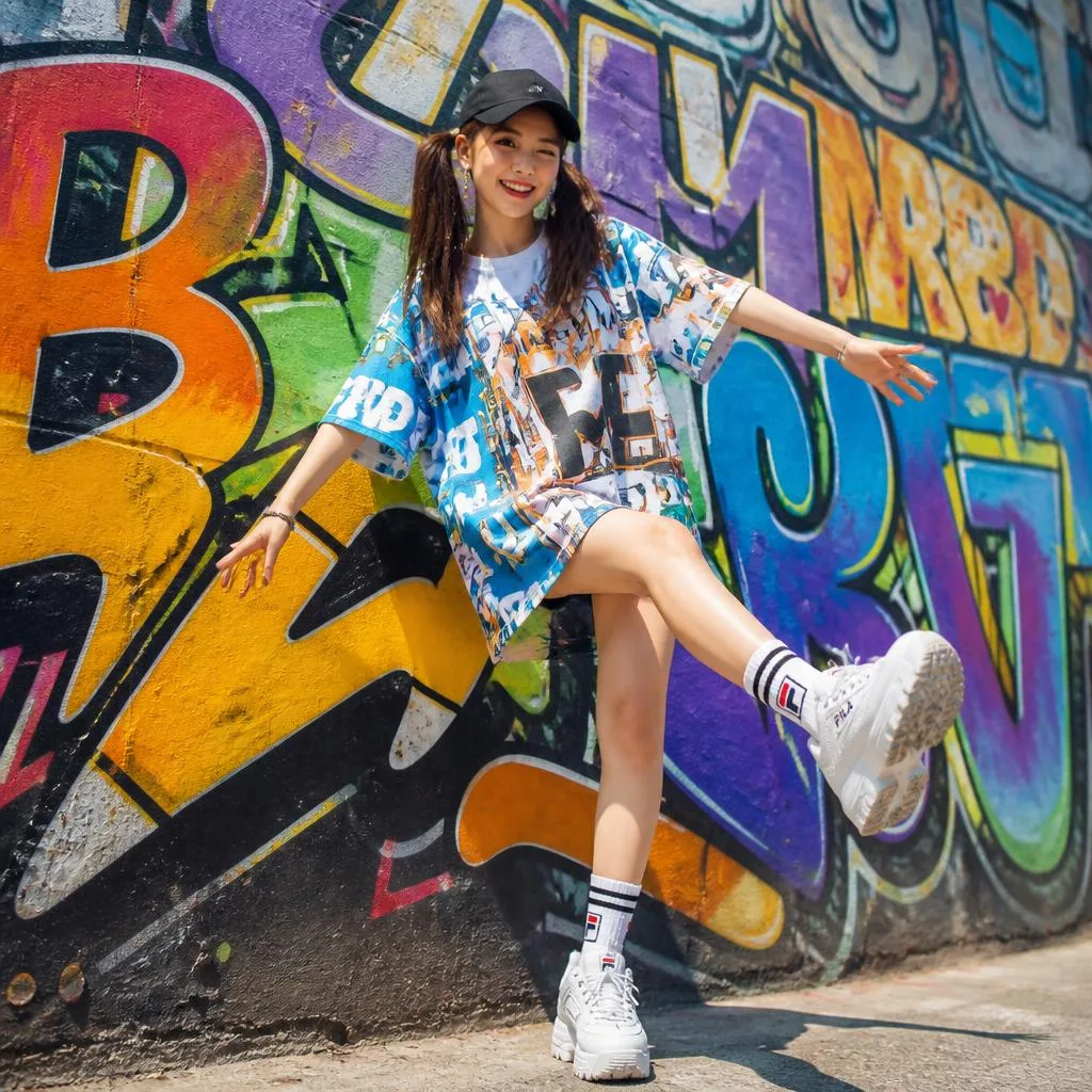 Dynamic Street Style in a Graphic Tee Dress – AI prompt example