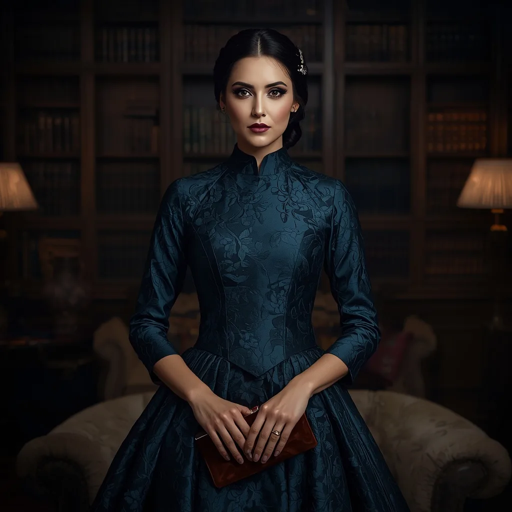 Enigmatic Charmer: A Woman in a Dark Floral Brocade Gown – AI prompt example
