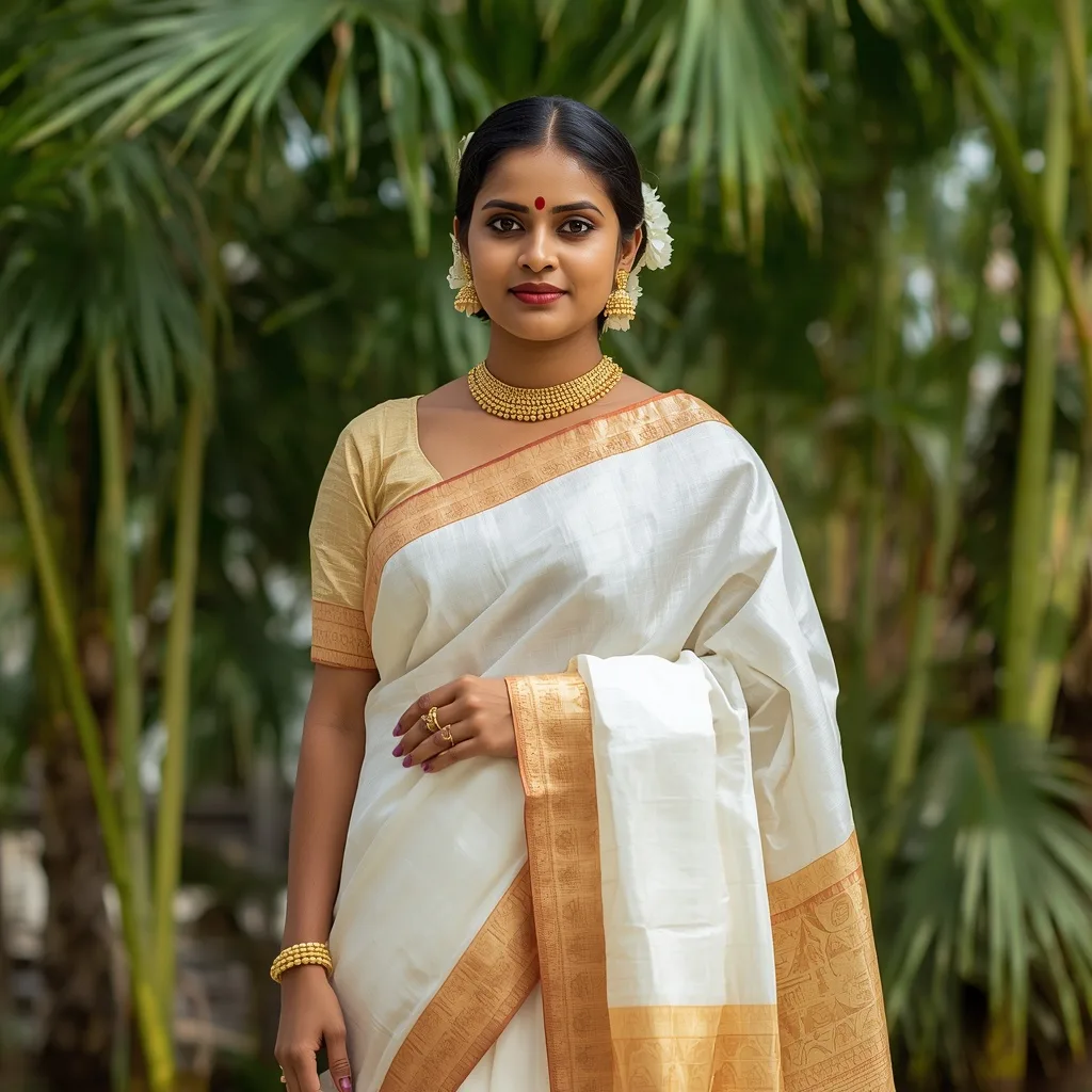Graceful Kasavu Saree with Gold Border for Kerala Festivals – AI prompt example