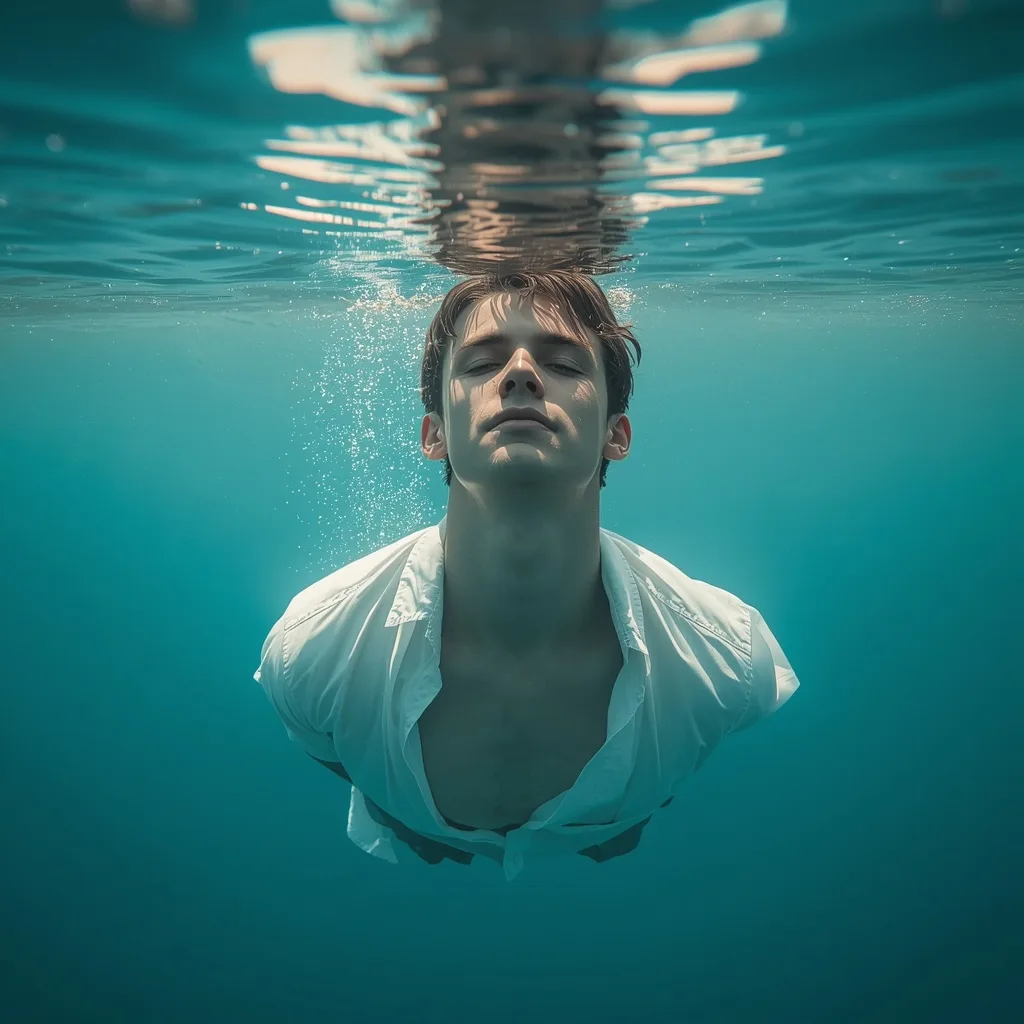 Hyper-realistic Underwater Portrait of a Meditative Young Man – AI prompt example