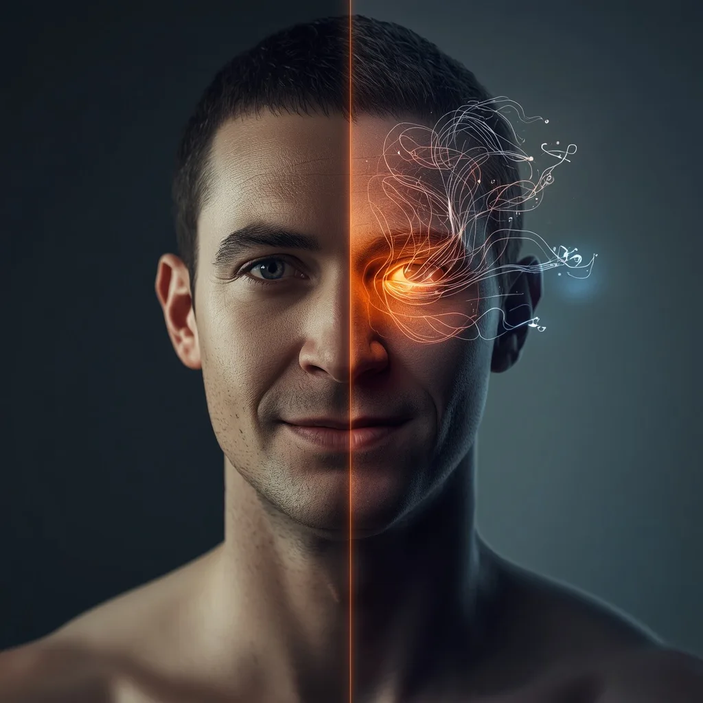Inner Self Outer World: Man's Dualistic Representation Portrait – AI prompt example