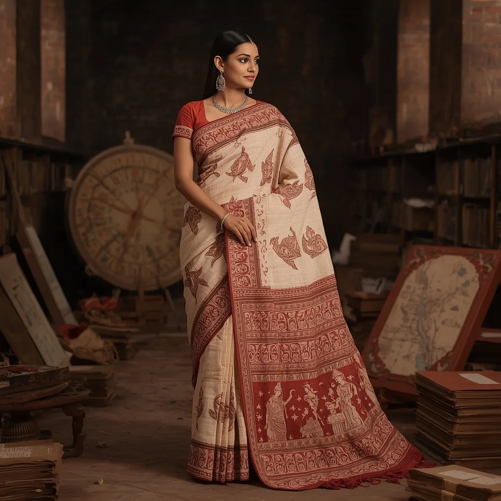 Kalamkari Saree with Intricate Hand-Painted Designs and Cultural Heritage – AI prompt example