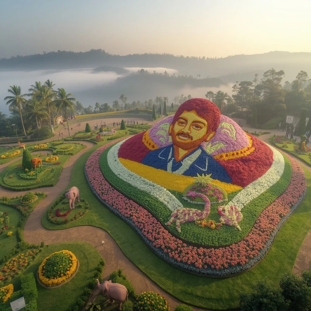 Ooty Flower Show Inspired Giant Floral Hillside Portrait – AI prompt example