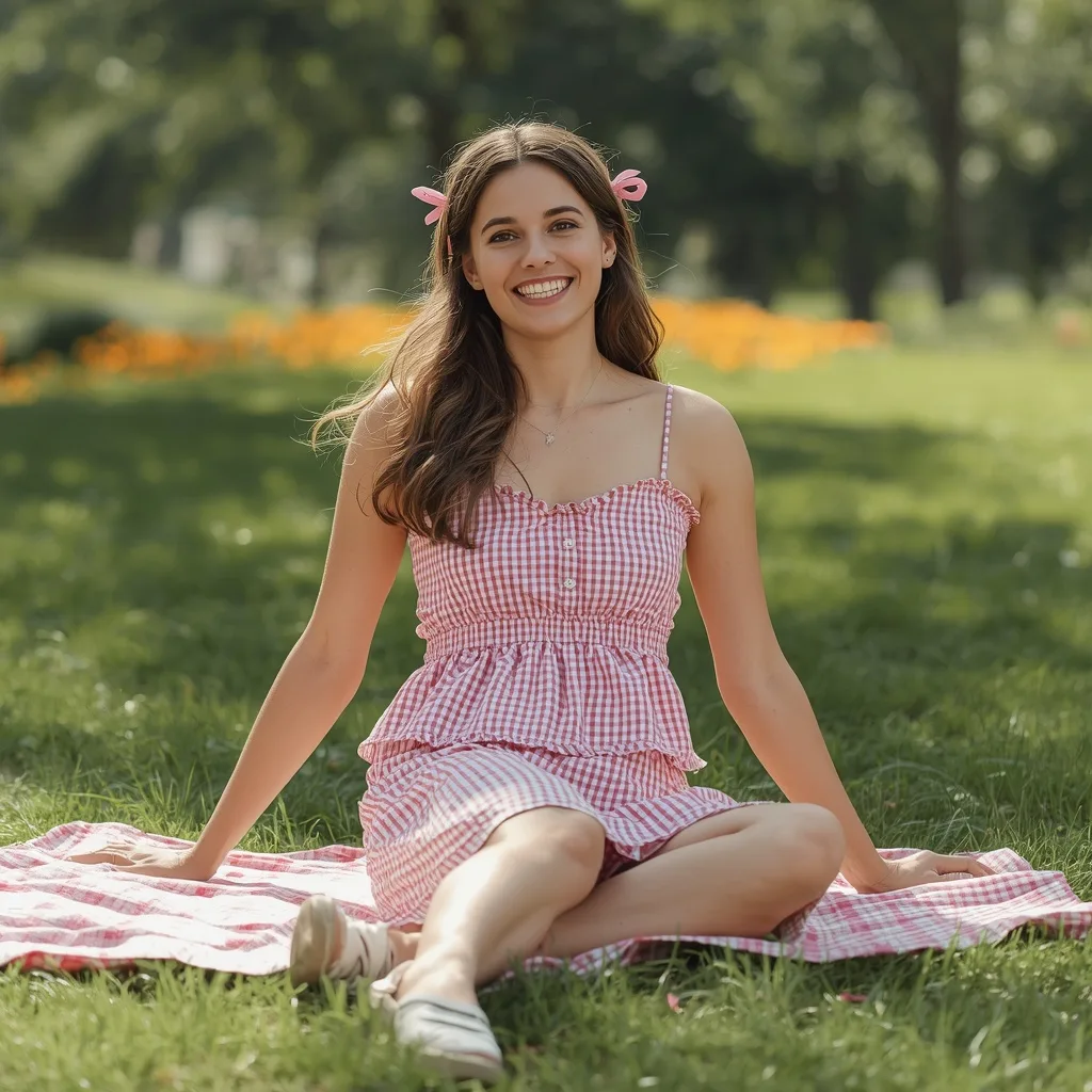 Playful Woman in a Pink Gingham Tiered Sundress for a Picnic – AI prompt example