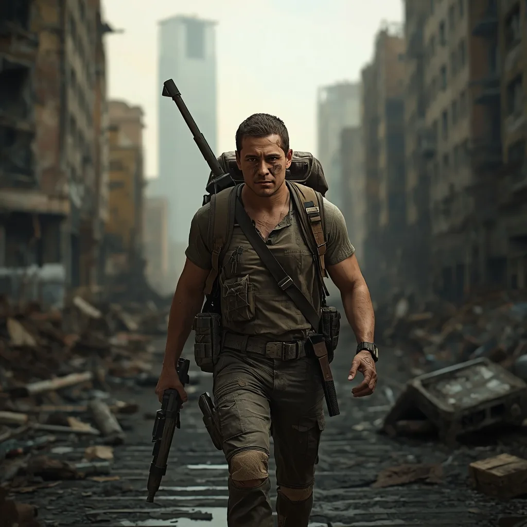 Post-Apocalyptic Survivor: Man in Rugged Gear in Ruined City – AI prompt example