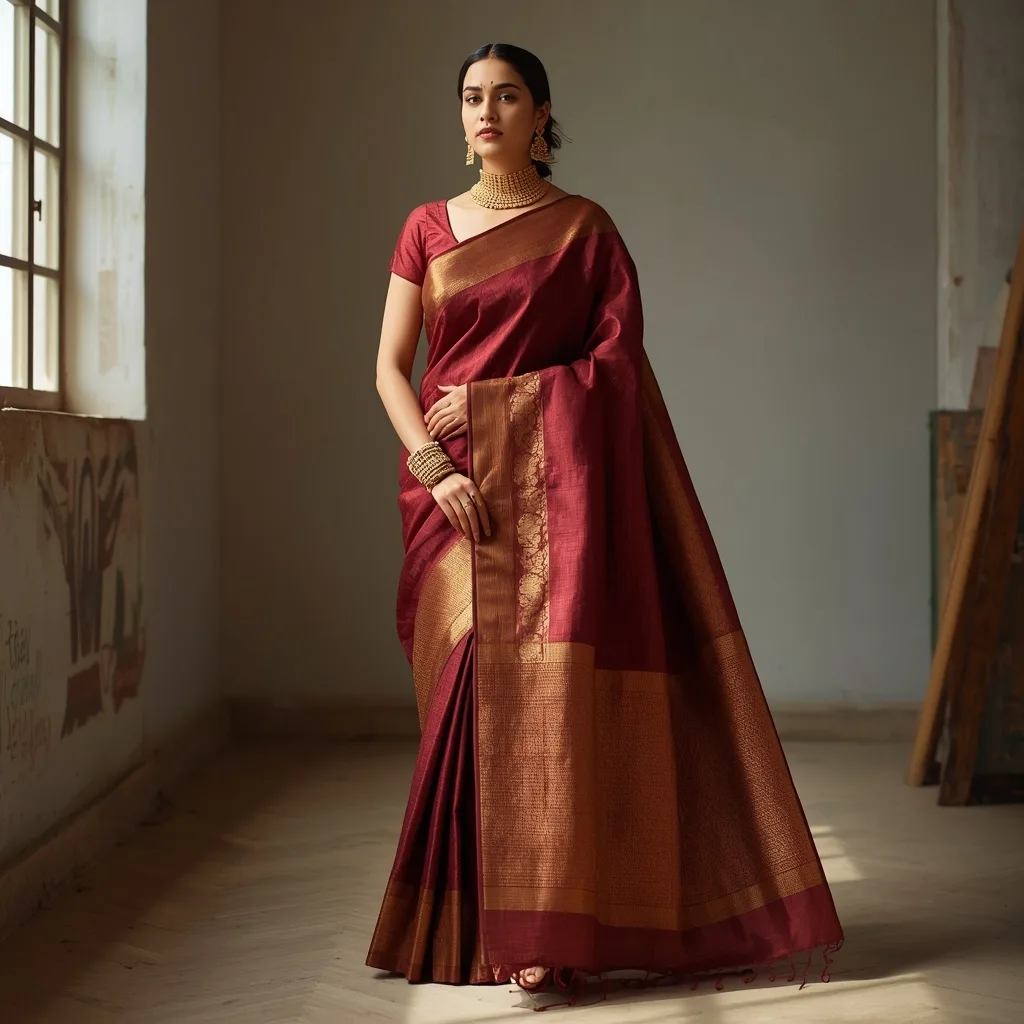 Rich Handloom Silk Saree with Textured Weave and Traditional Jewelry – AI prompt example