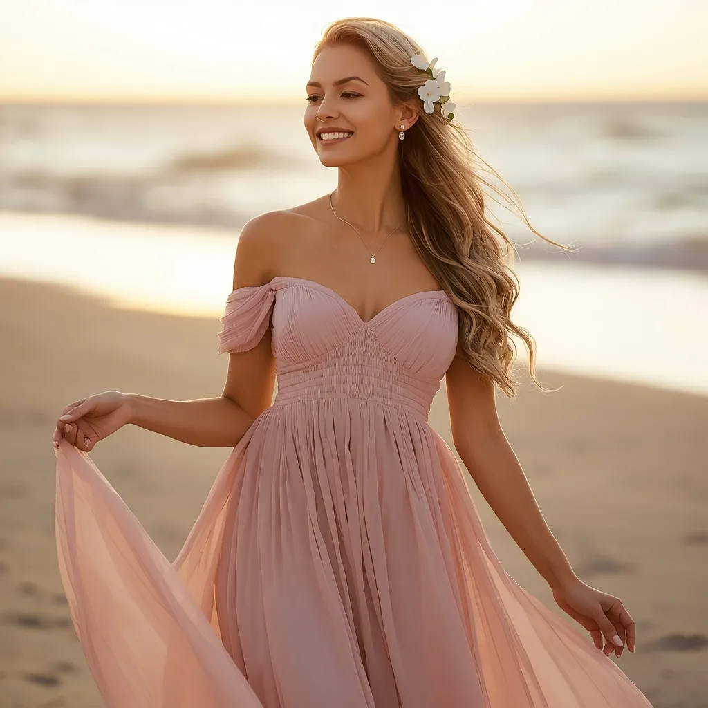 Romantic Woman in a Blush Pink Off-Shoulder Gown for a Beach Engagement – AI prompt example