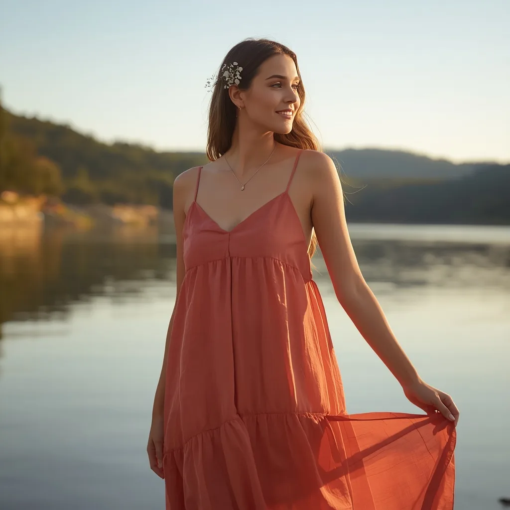 Serene Woman in a Flowy Coral Linen Maxi Dress by a Sunset River – AI prompt example