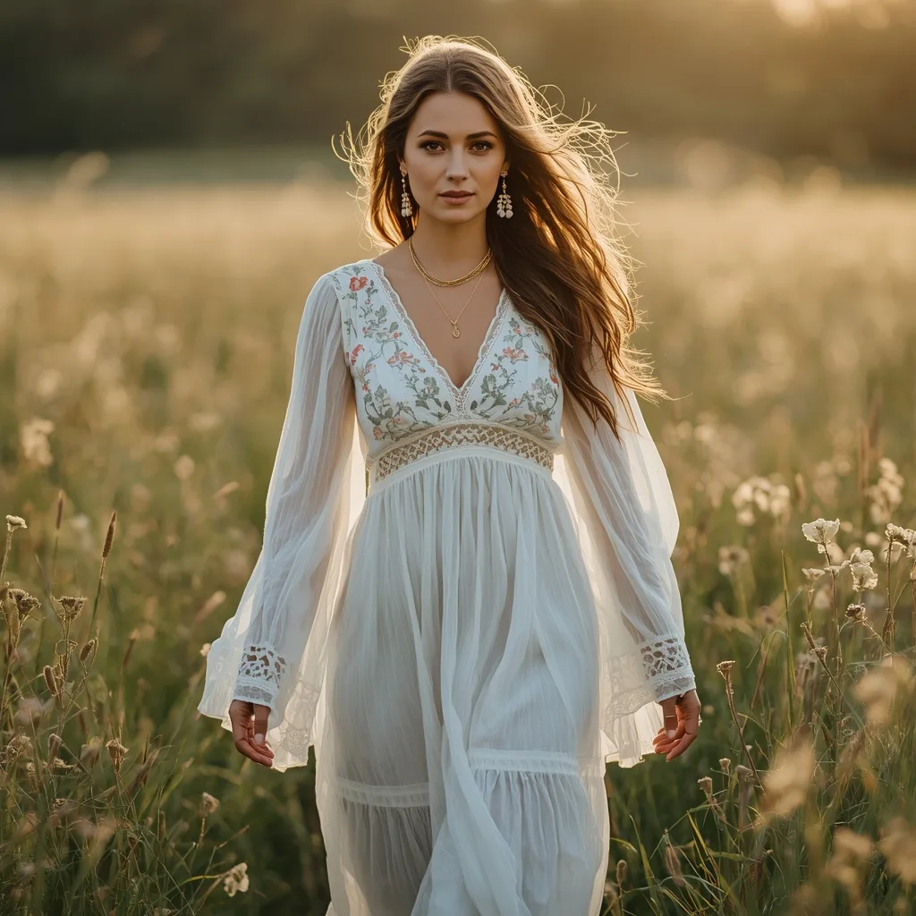 Serene Woman in a Flowy White Boho Maxi Dress with Embroidered Details – AI prompt example