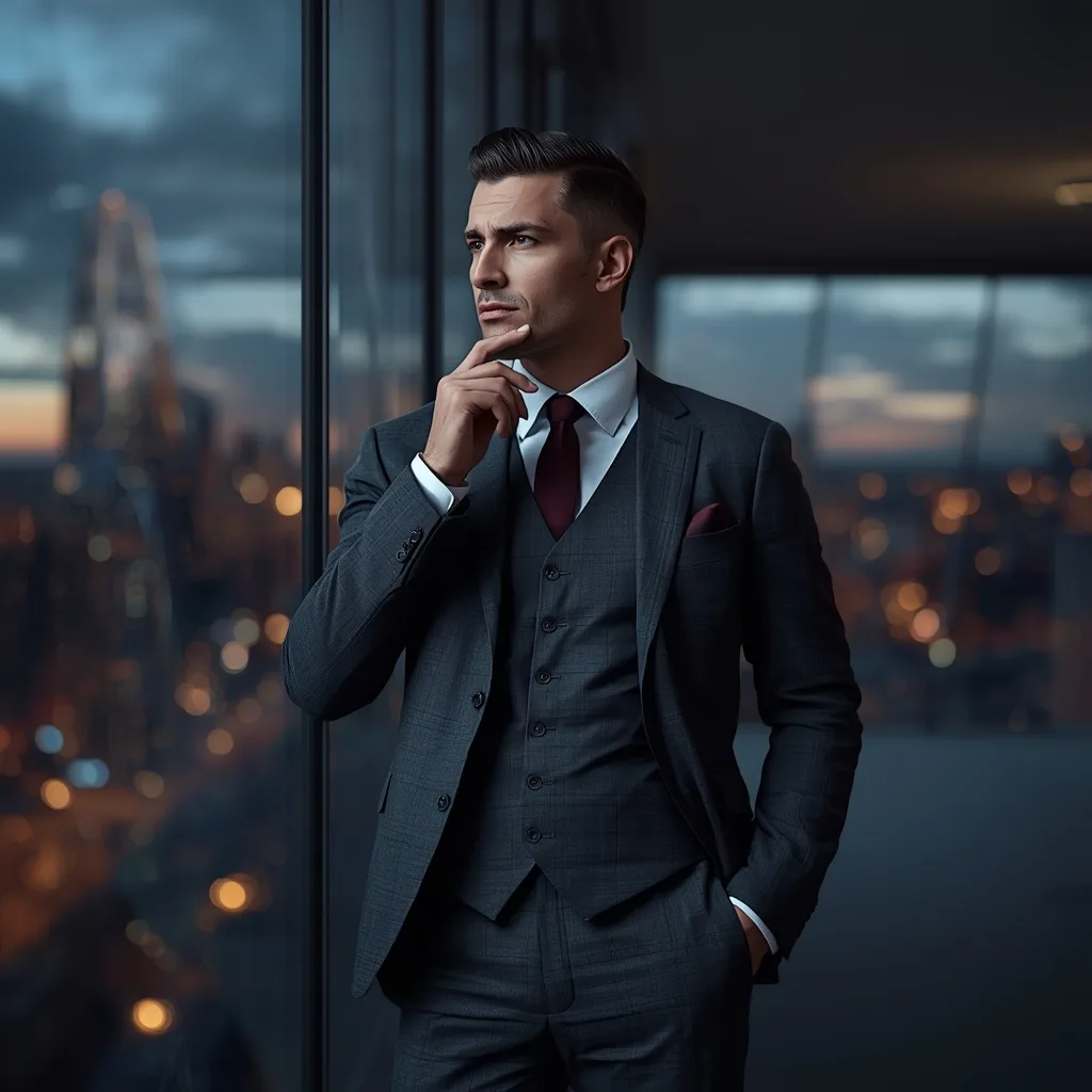 Sophisticated Businessman Contemplating in a Modern Office – AI prompt example