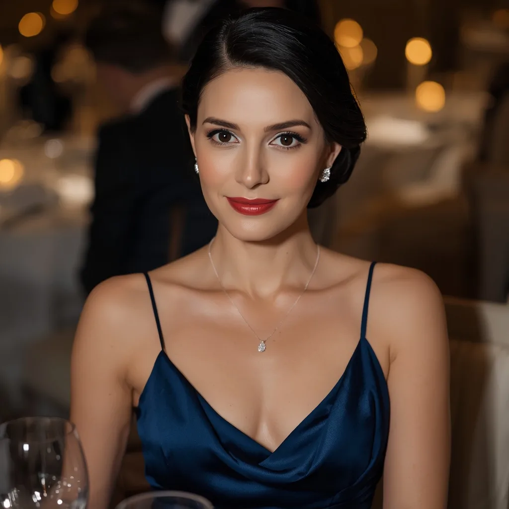 Sophisticated Woman in a Navy Blue Silk Slip Dress for a Formal Dinner – AI prompt example