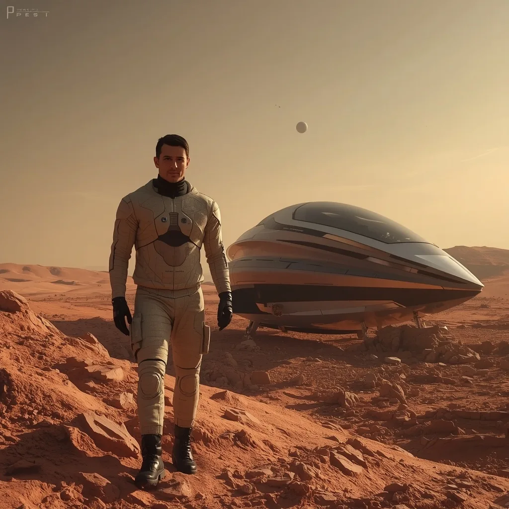 Space Explorer's Landing: Man on Uncharted Planet with Vessel – AI prompt example