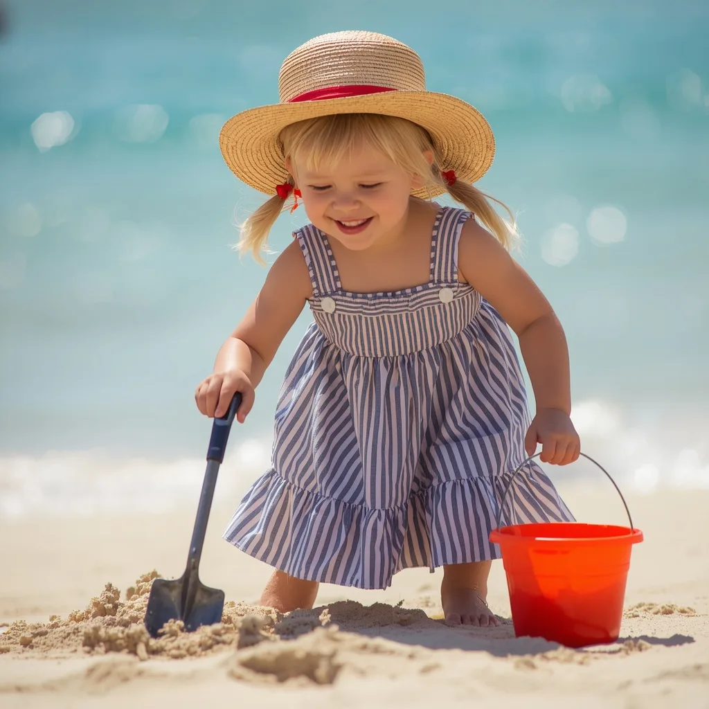 Sweet Explorer: A Cute Girl's Sunny Beach Adventure – AI prompt example