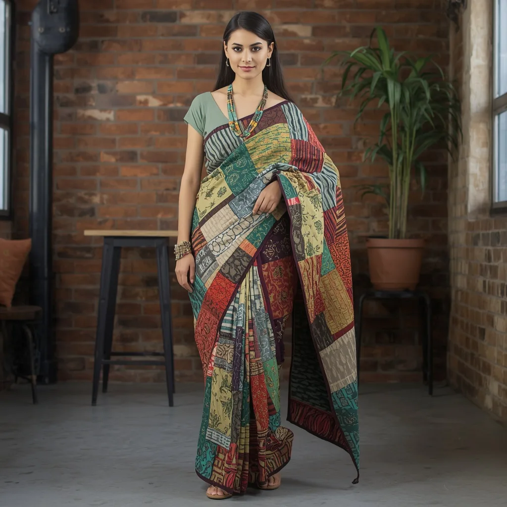 Upcycled Fabric Saree with Patchwork Design for Creative Reuse – AI prompt example