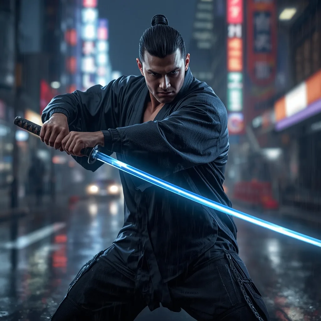 Urban Samurai: Man in Modern Kimono with Neon Katana – AI prompt example