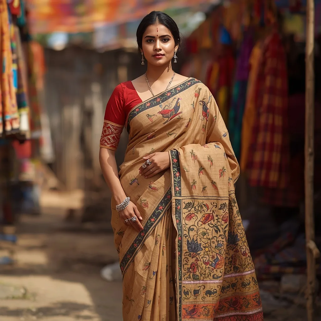 Vibrant Tussar Silk Saree with Hand-Painted Madhubani Art – AI prompt example