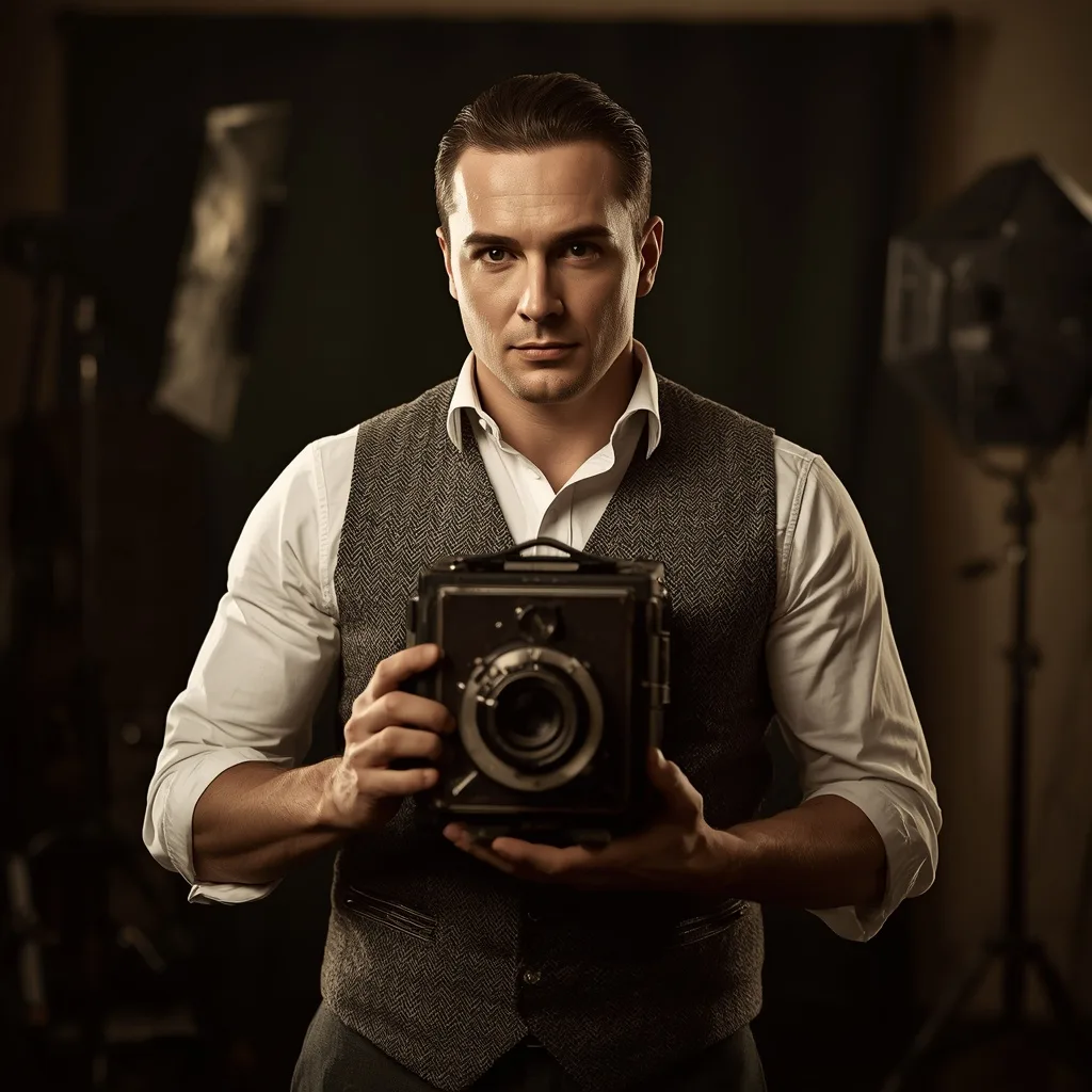 Vintage Photographer: Man with Classic Camera in Studio – AI prompt example